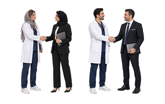 دندانپزشک و فروشنده تجهیزات دندانپزشکی با پوشش رسمی در حال دست دادن، نماد همکاری مستقیم و شفاف در سی‌دنت